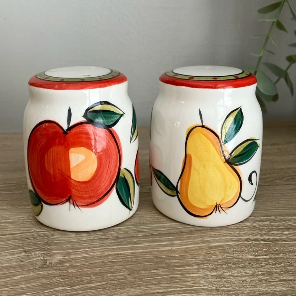 Vintage Ceramic Hand Painted Salt & Pepper Shakers Apple Pear Cherry Red White